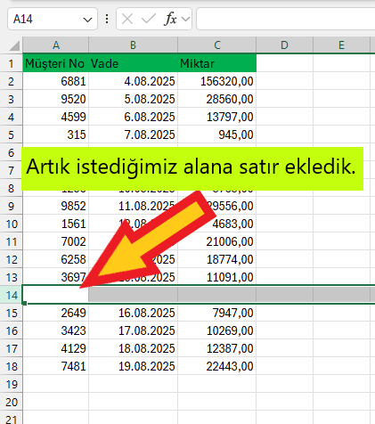 excel satır ekleme