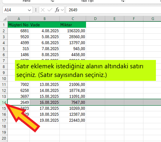excelde satır ekleme işlemi