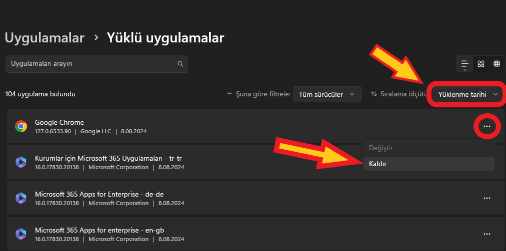 son yüklenen uygulamaları kaldırma