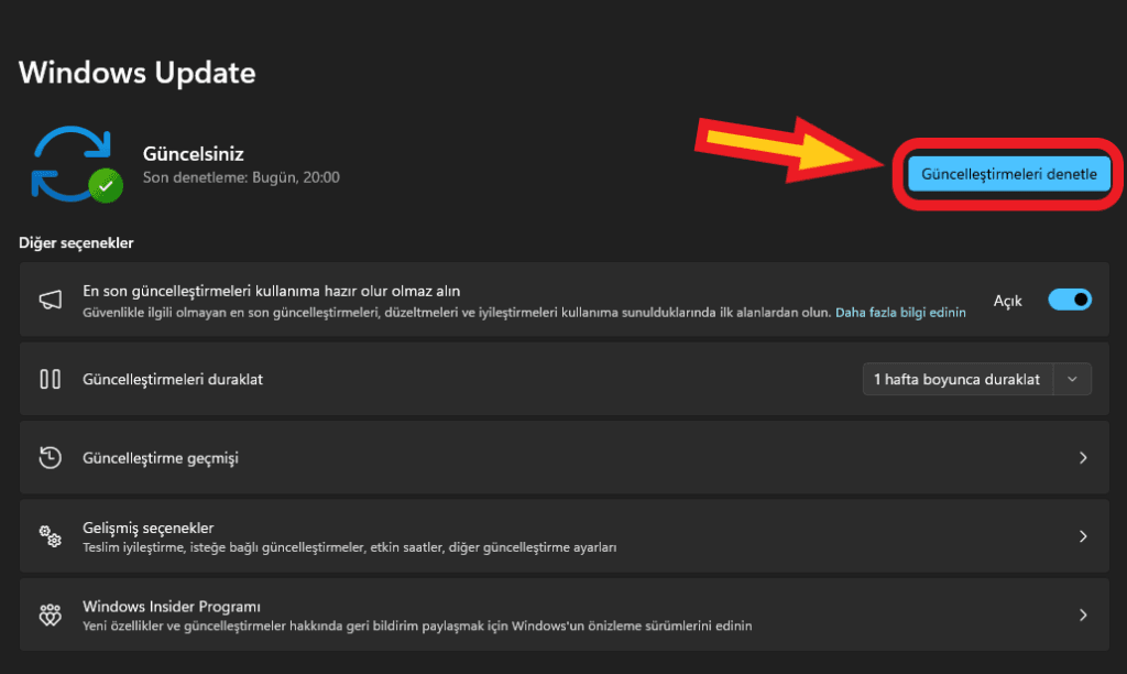 windows güncelleştirmeleri kontrol etme