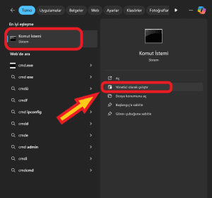 windows + s kombinasyonu ile cmd açma