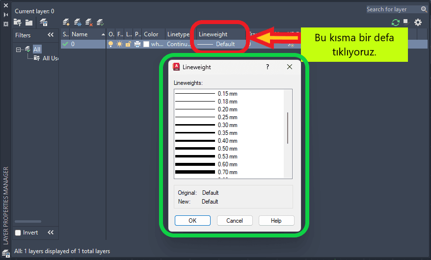 autocad layer çizgi kalınlığı değiştirme