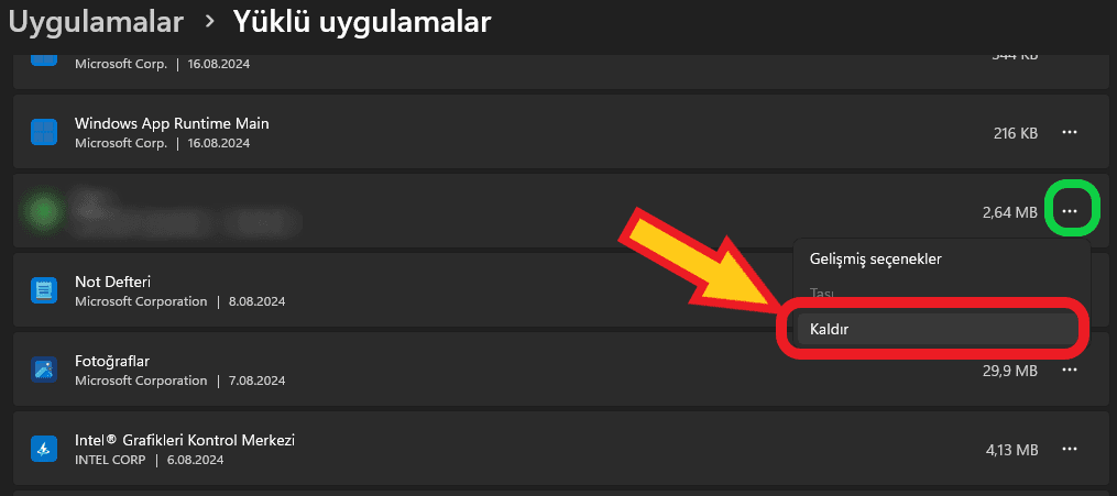 üçüncü parti uygulamalarını kaldırma