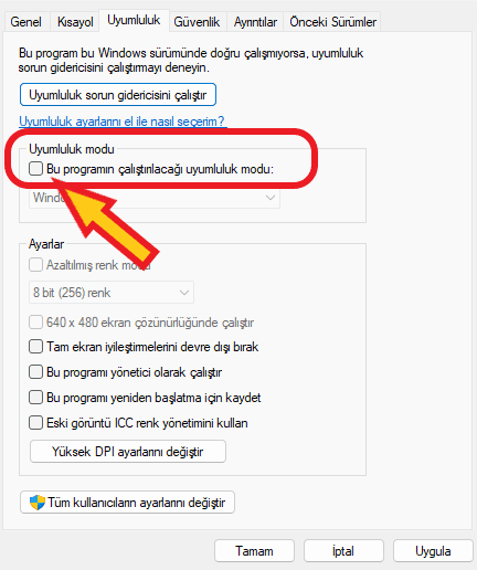 uygulamanın uyumluluk modunu değiştirme