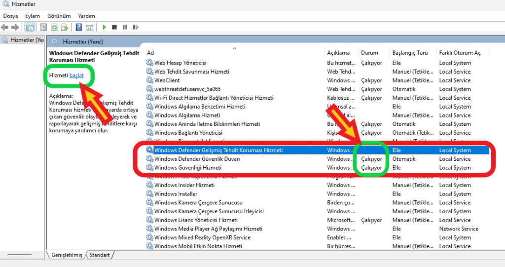 windows güvenlik hizmetlerinin çalıştırılması